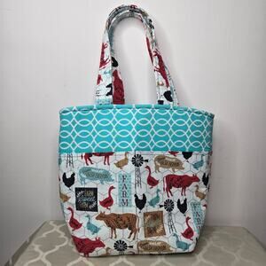 Farm Animals Theme Print Tote Bag - Multicolor With Pockets